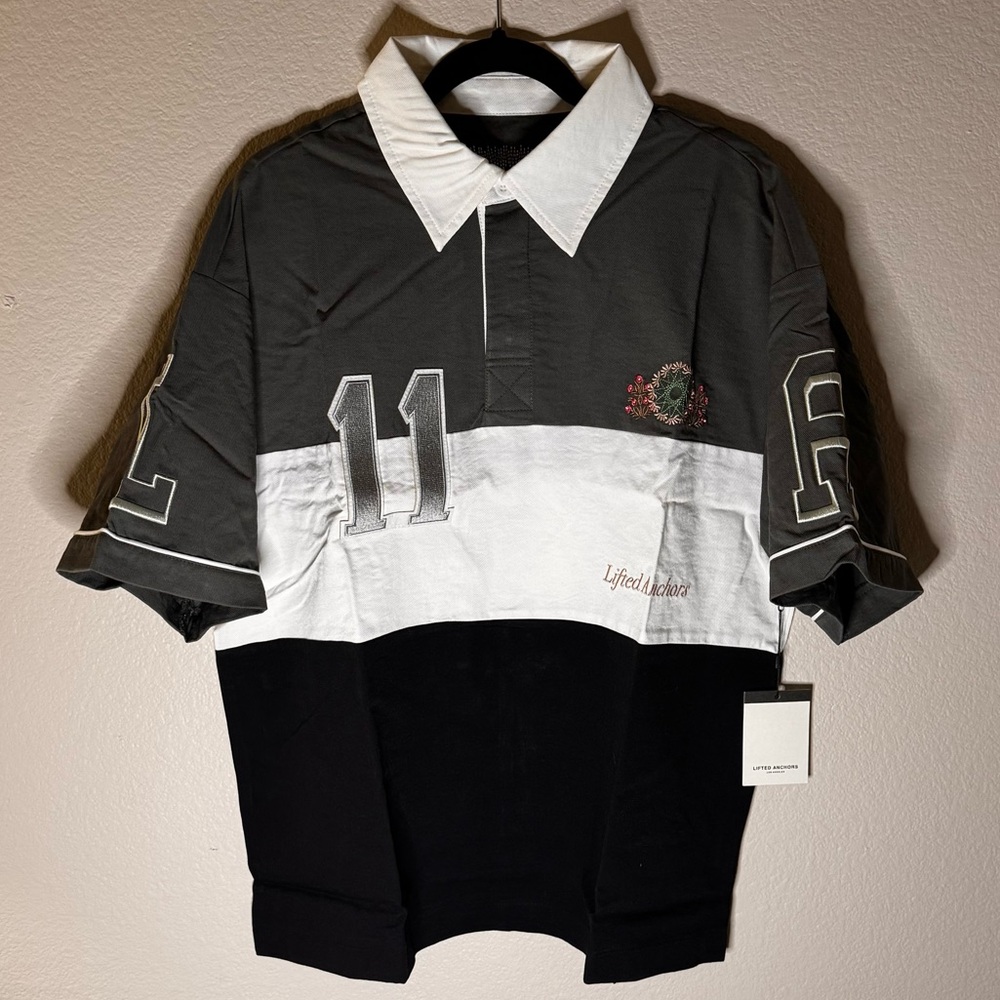 NWT Lifted Anchors Rugby Polo; Men’s M; Black/Grey/White; Embroidery; Smoke-free